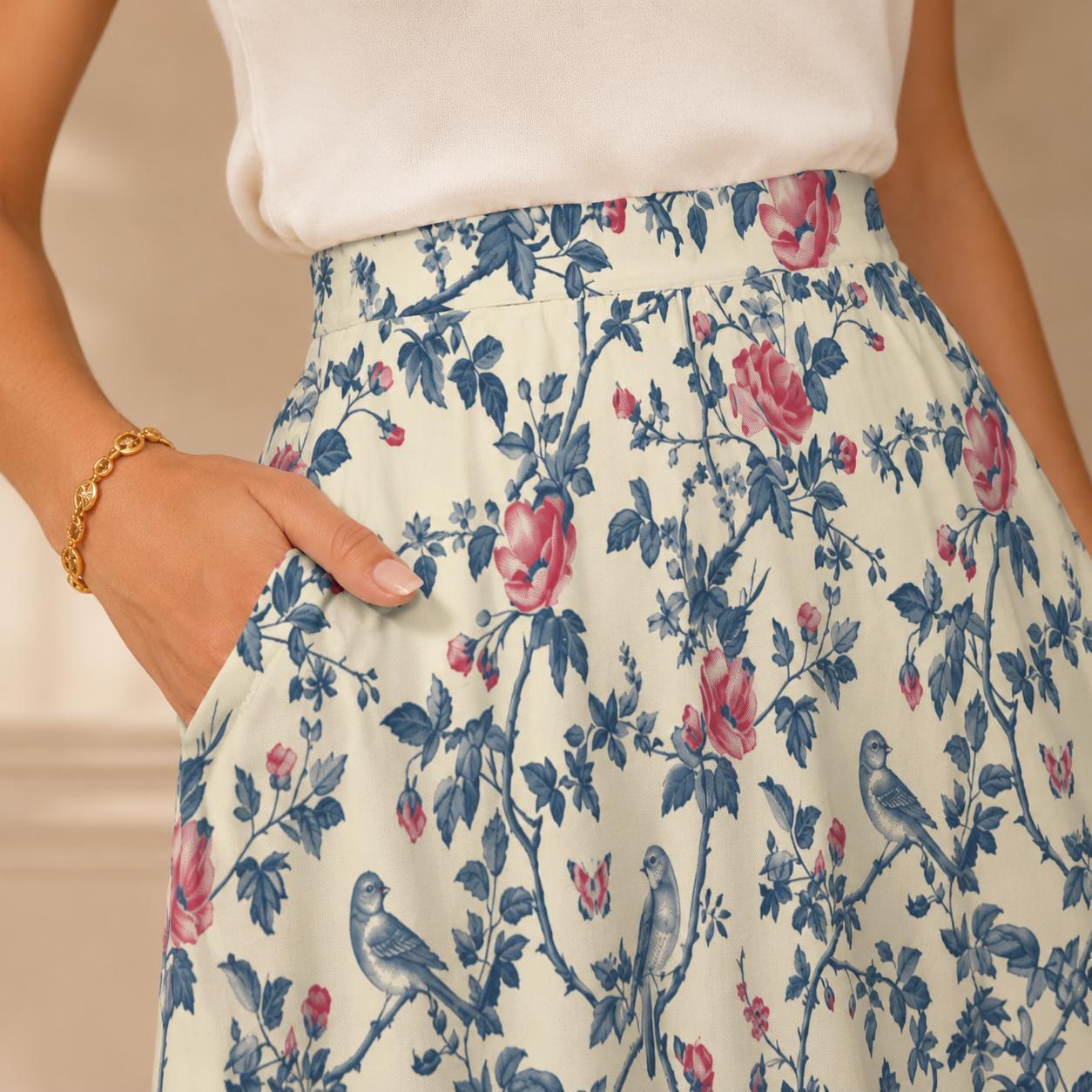 Bird and Rose Print Midi Skirt, Cottagecore A-Line Botanical Garden Skirt with Pockets