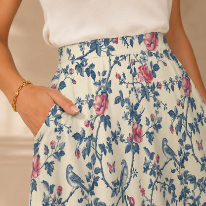 Bird and Rose Print Midi Skirt, Cottagecore A-Line Botanical Garden Skirt with Pockets