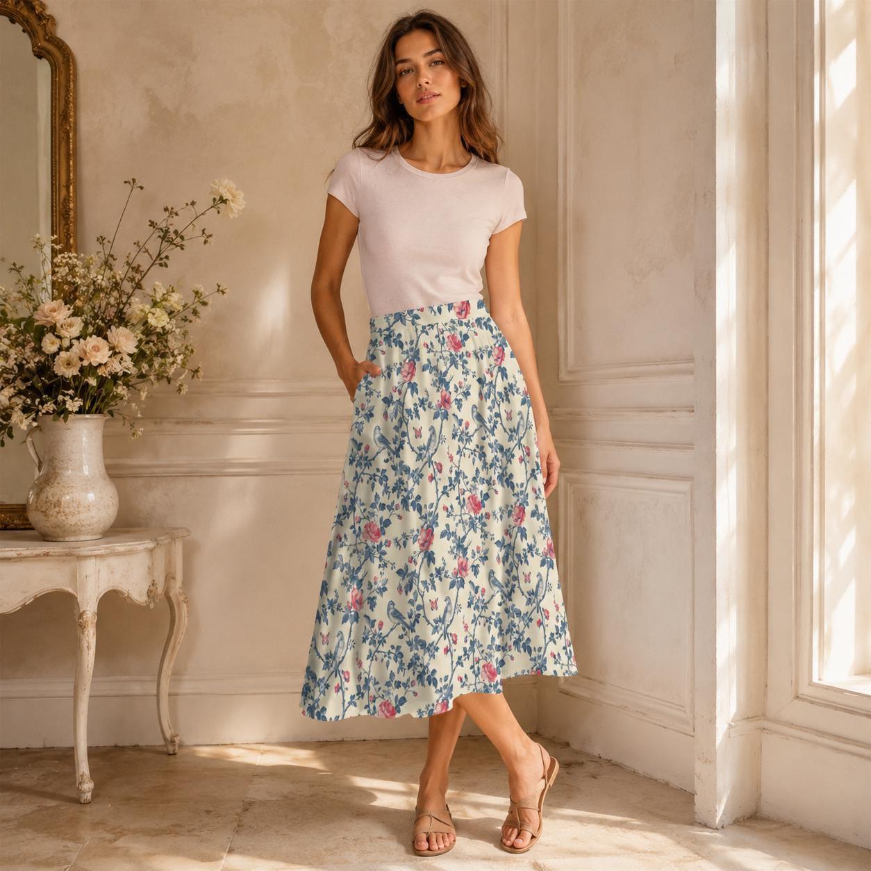 Bird and Rose Print Midi Skirt, Cottagecore A-Line Botanical Garden Skirt with Pockets