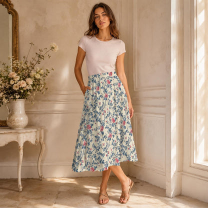 Bird and Rose Print Midi Skirt, Cottagecore A-Line Botanical Garden Skirt with Pockets