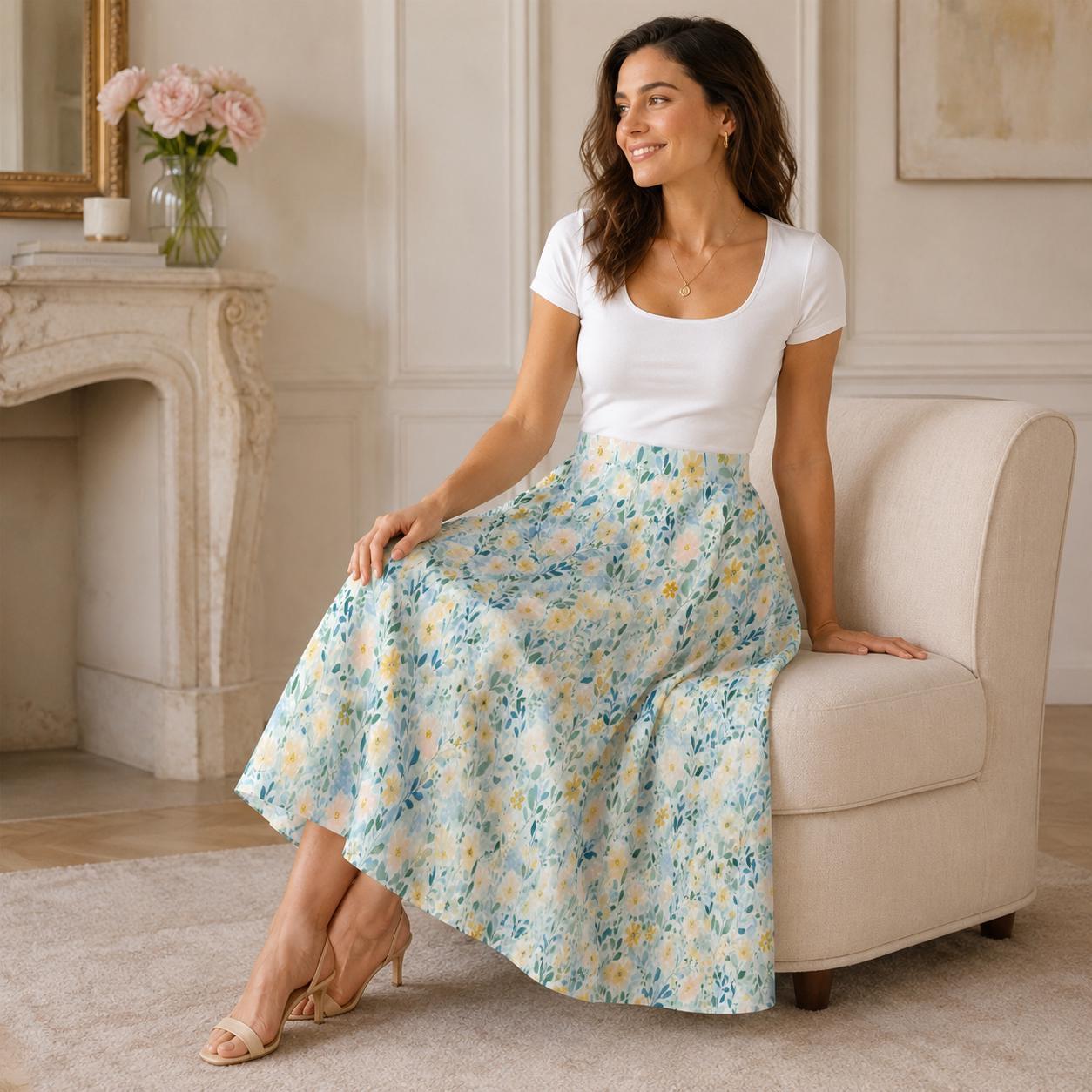 Pastel Watercolor Floral Midi Skirt, High Waist A-Line, Pockets, Coastal Spring Style