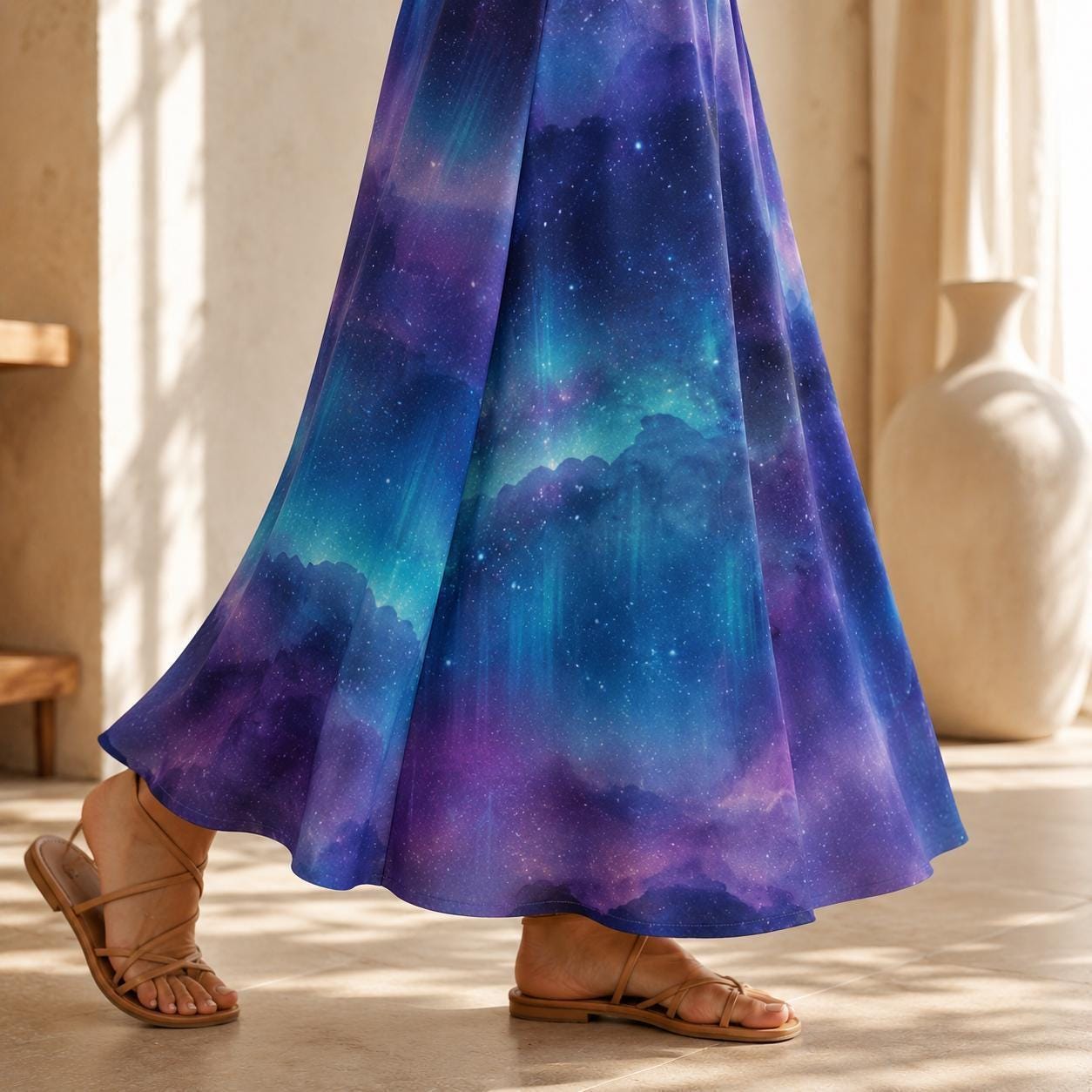 Galaxy Print Maxi Skirt, Purple Blue Nebula, High Waist Flowy A-Line Skirt