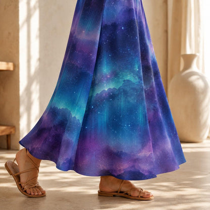 Galaxy Print Maxi Skirt, Purple Blue Nebula, High Waist Flowy A-Line Skirt