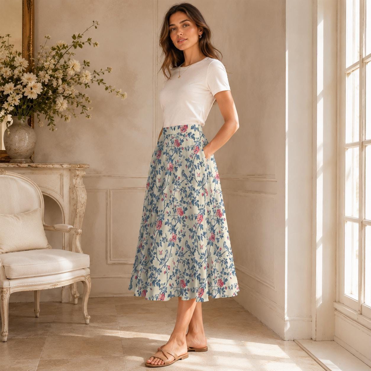 Bird and Rose Print Midi Skirt, Cottagecore A-Line Botanical Garden Skirt with Pockets