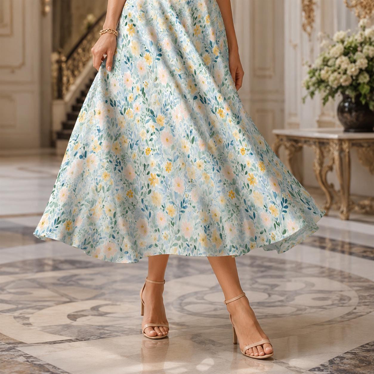 Pastel Watercolor Floral Midi Skirt, High Waist A-Line, Pockets, Coastal Spring Style
