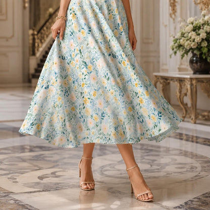 Pastel Watercolor Floral Midi Skirt, High Waist A-Line, Pockets, Coastal Spring Style