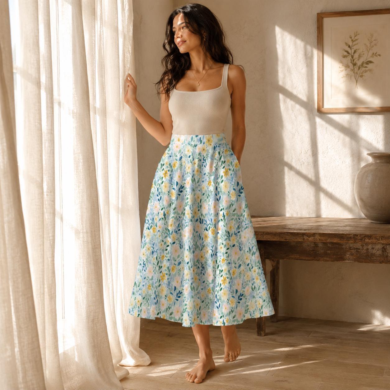 Pastel Watercolor Floral Midi Skirt, High Waist A-Line, Pockets, Coastal Spring Style