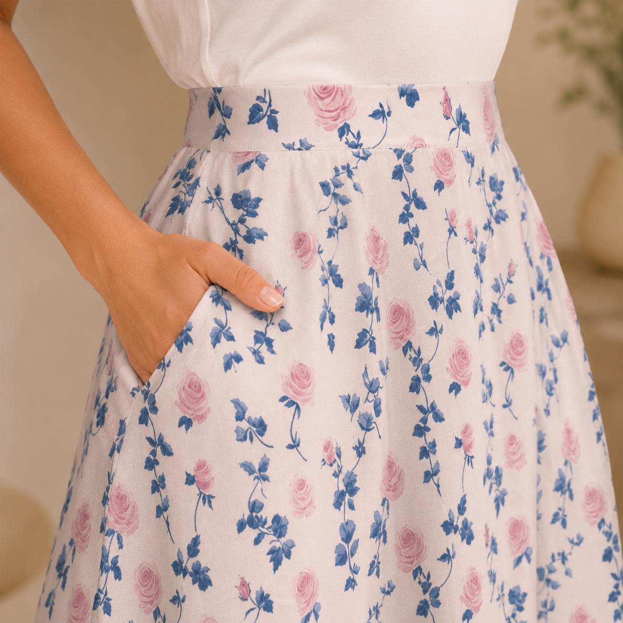 Pink Rose Floral Midi Skirt, High Waist A-Line, Cottagecore Garden Styling