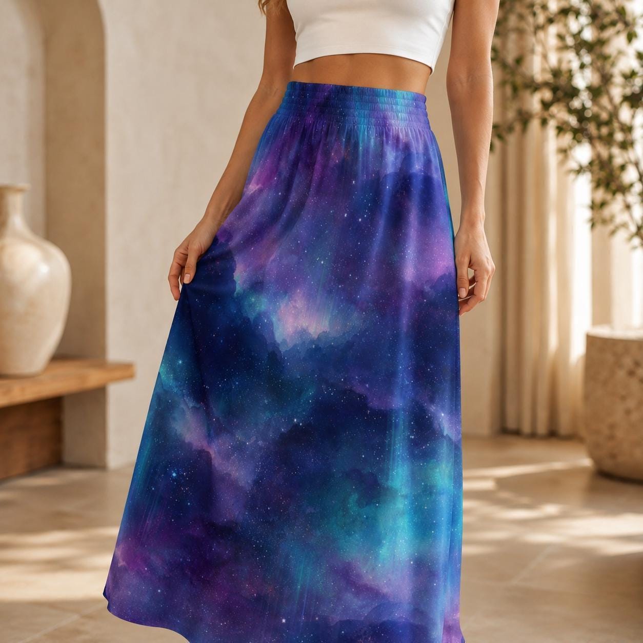 Galaxy Print Maxi Skirt, Purple Blue Nebula, High Waist Flowy A-Line Skirt