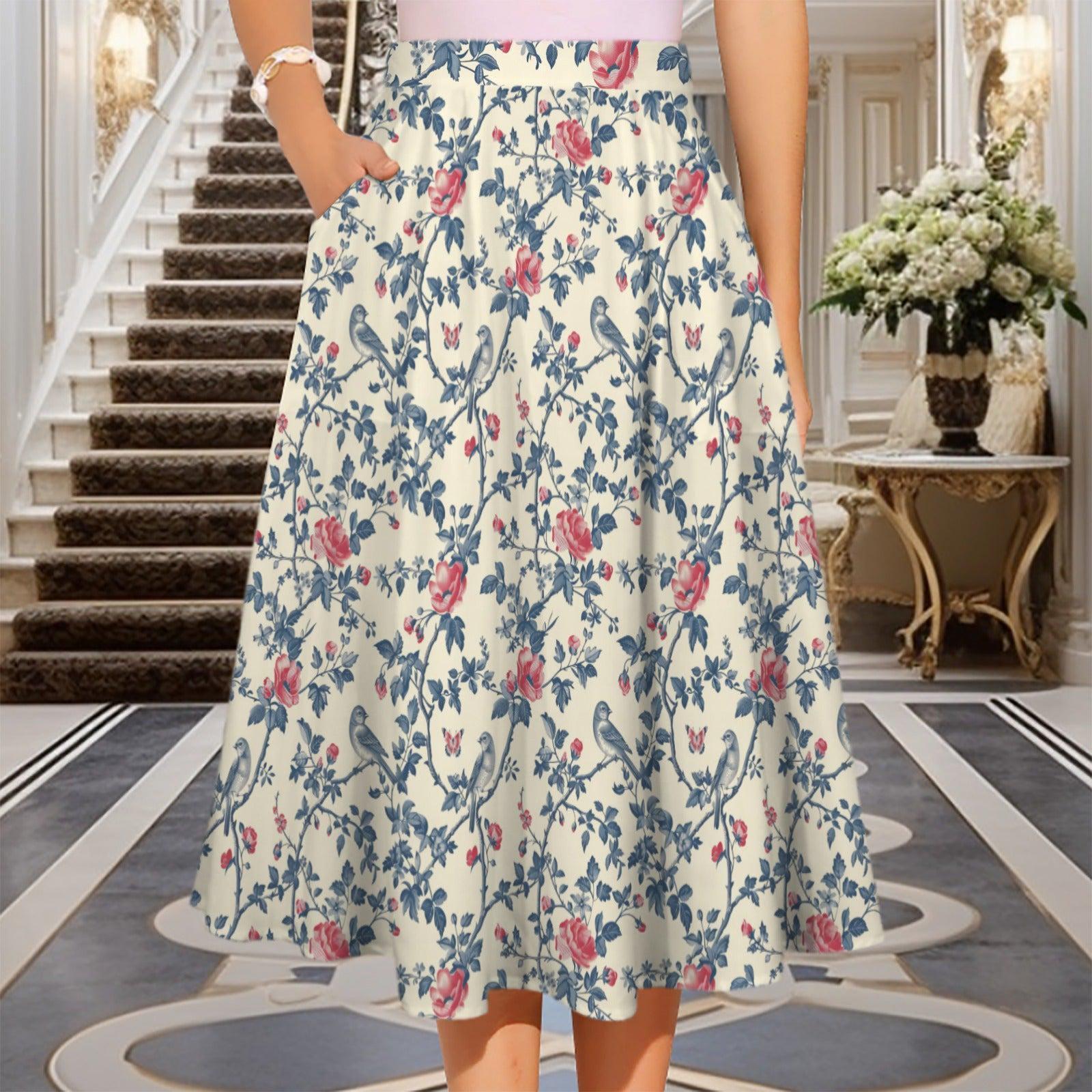 Bird and Rose Print Midi Skirt, Cottagecore A-Line Botanical Garden Skirt with Pockets