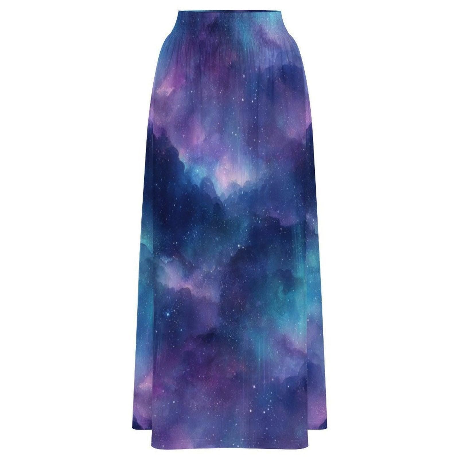 Galaxy Print Maxi Skirt, Purple Blue Nebula, High Waist Flowy A-Line Skirt