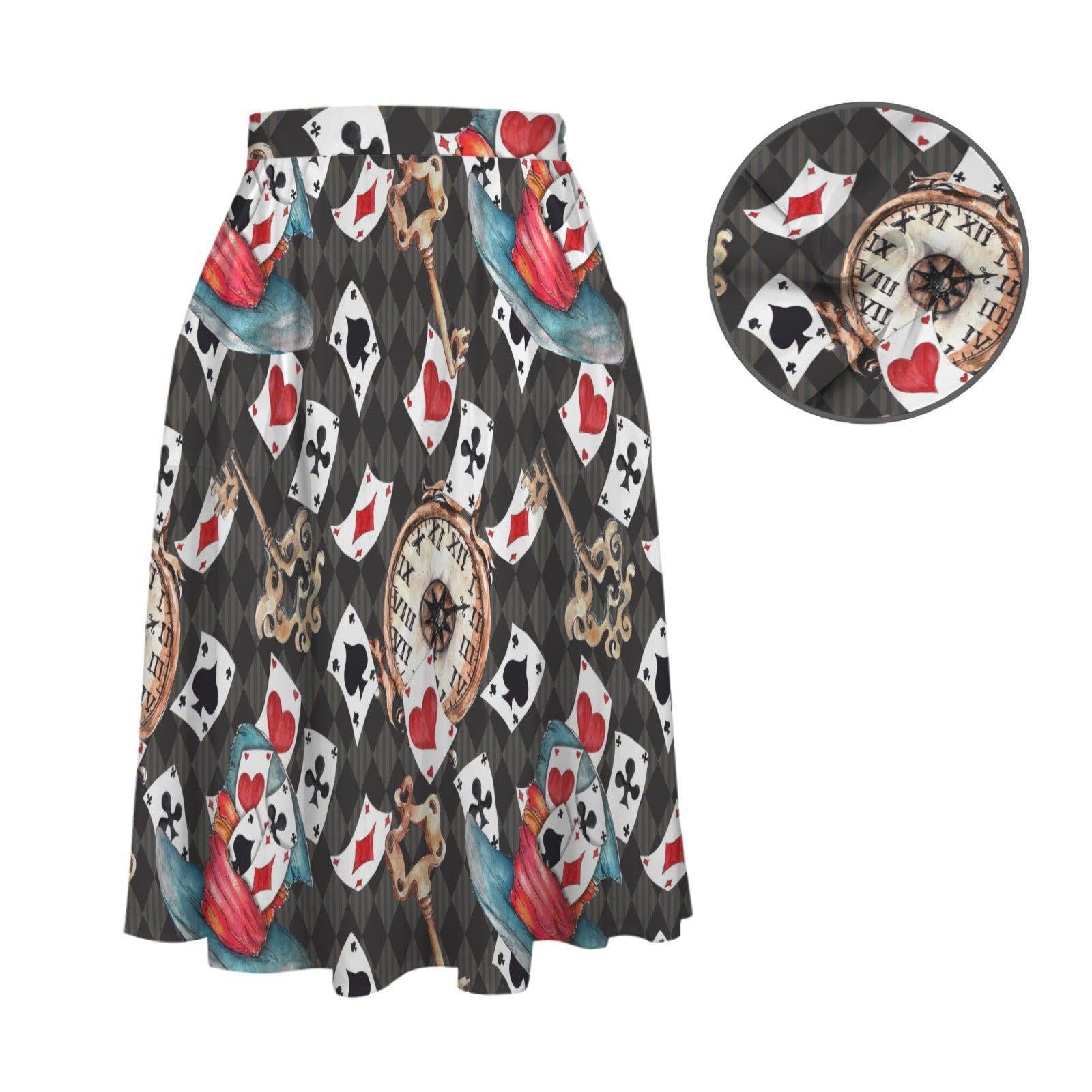Whimsical Playing Card Midi Skirt, Fantasy Storybook Print, High Waist Statement Fashion