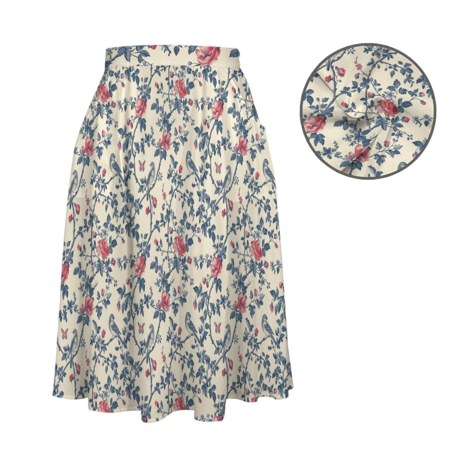 Bird and Rose Print Midi Skirt, Cottagecore A-Line Botanical Garden Skirt with Pockets