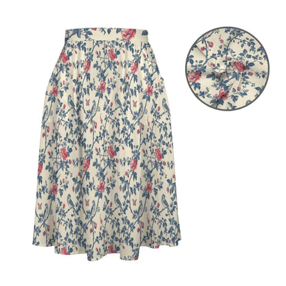 Bird and Rose Print Midi Skirt, Cottagecore A-Line Botanical Garden Skirt with Pockets
