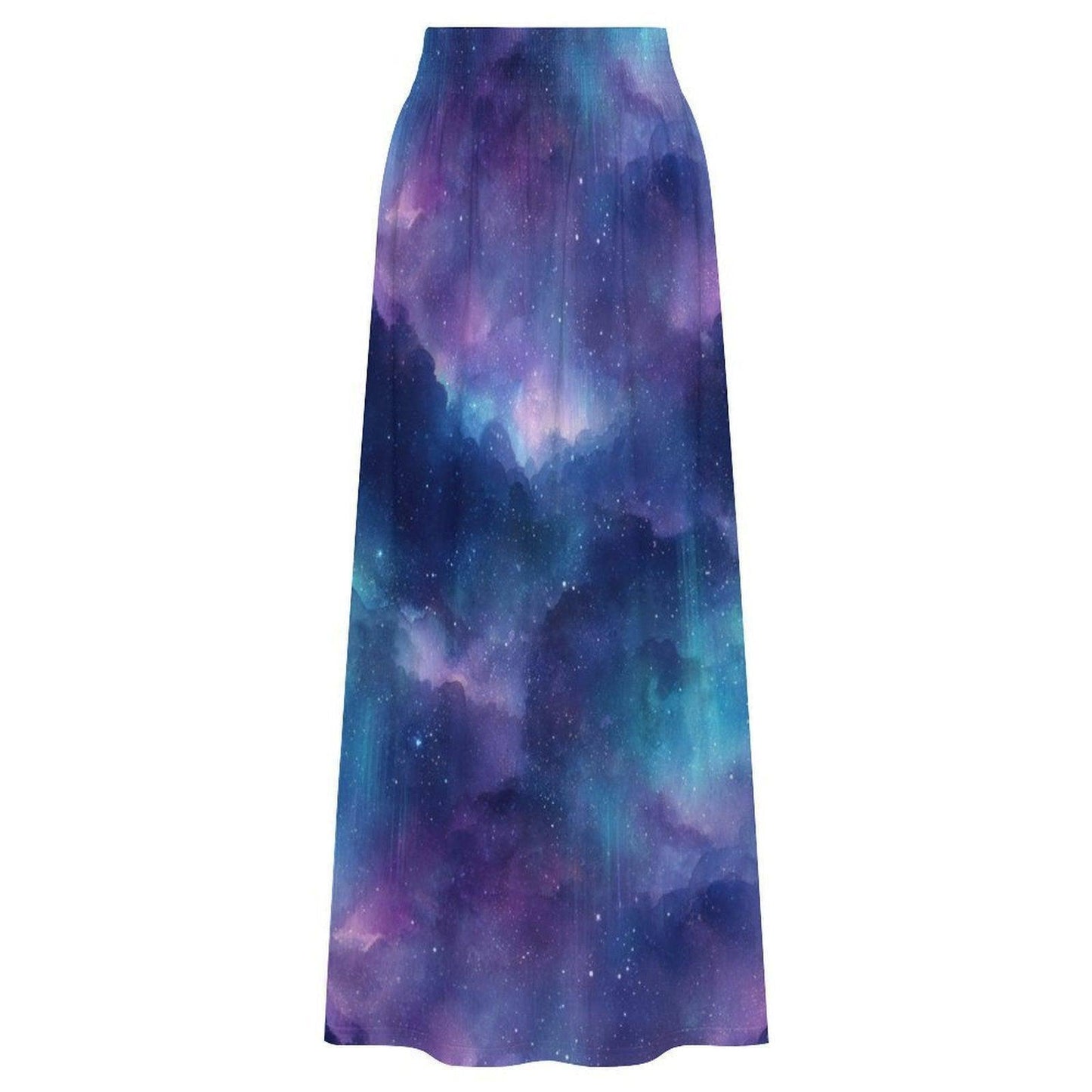 Galaxy Print Maxi Skirt, Purple Blue Nebula, High Waist Flowy A-Line Skirt