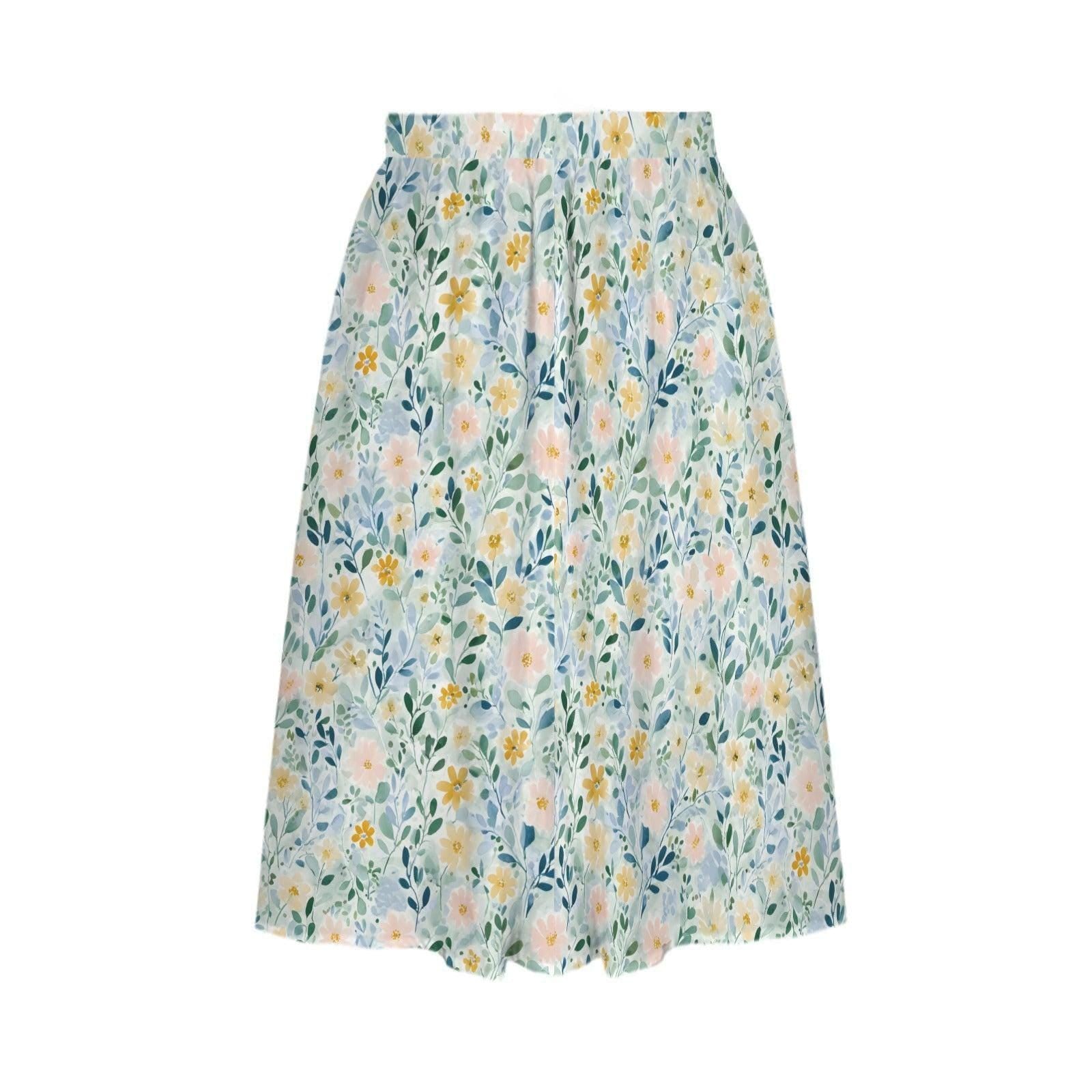 Pastel Watercolor Floral Midi Skirt, High Waist A-Line, Pockets, Coastal Spring Style