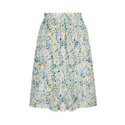 Pastel Watercolor Floral Midi Skirt, High Waist A-Line, Pockets, Coastal Spring Style