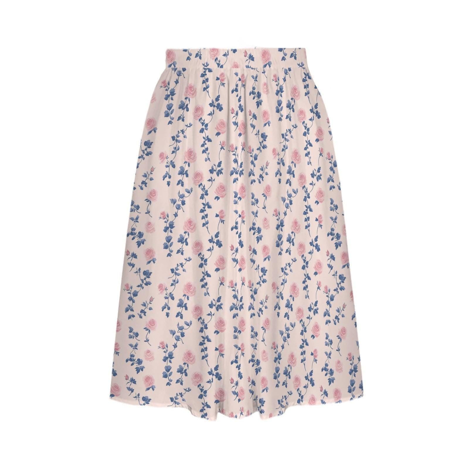 Pink Rose Floral Midi Skirt, High Waist A-Line, Cottagecore Garden Styling