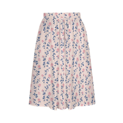 Pink Rose Floral Midi Skirt, High Waist A-Line, Cottagecore Garden Styling