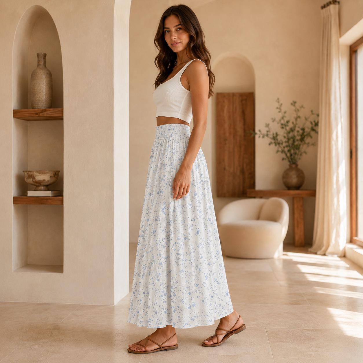 Blue Ditsy Floral Maxi Skirt, Smocked High Waist, Summer Garden Flowy Skirt