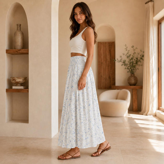 Blue Ditsy Floral Maxi Skirt, Smocked High Waist, Summer Garden Flowy Skirt