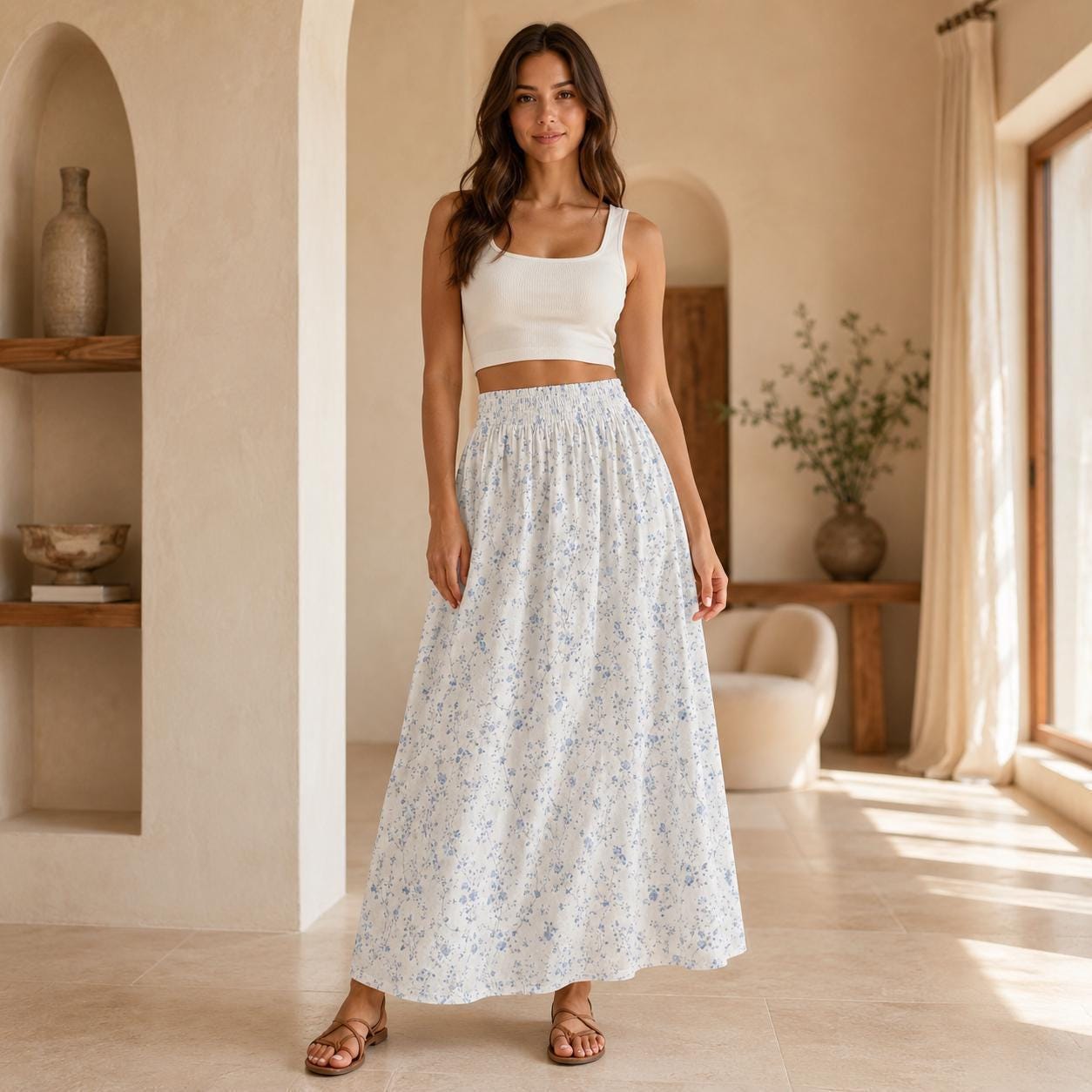 Blue Ditsy Floral Maxi Skirt, Smocked High Waist, Summer Garden Flowy Skirt