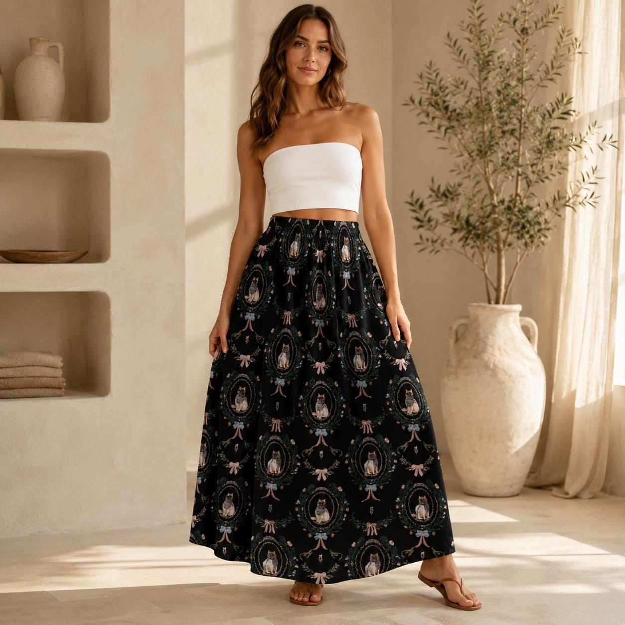 Gothic Cat Maxi Skirt, Black Cat Art Print, Romantic Goth High Waist