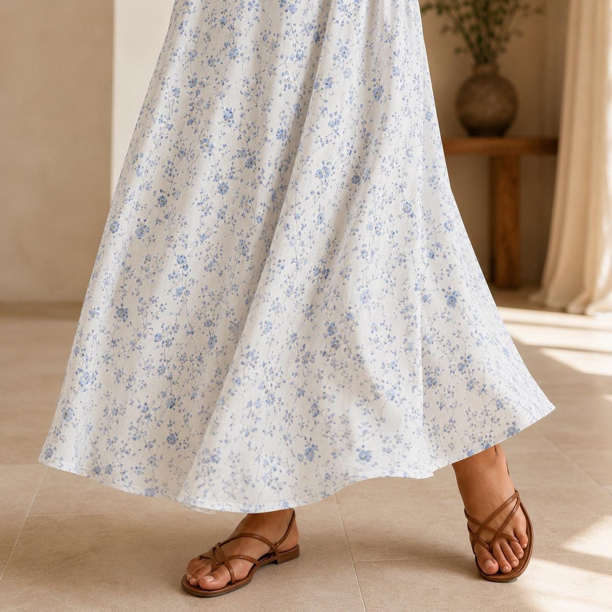 Blue Ditsy Floral Maxi Skirt, Smocked High Waist, Summer Garden Flowy Skirt