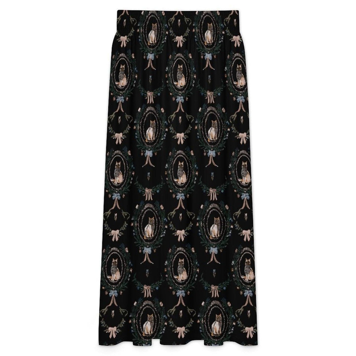Gothic Cat Maxi Skirt, Black Cat Art Print, Romantic Goth High Waist