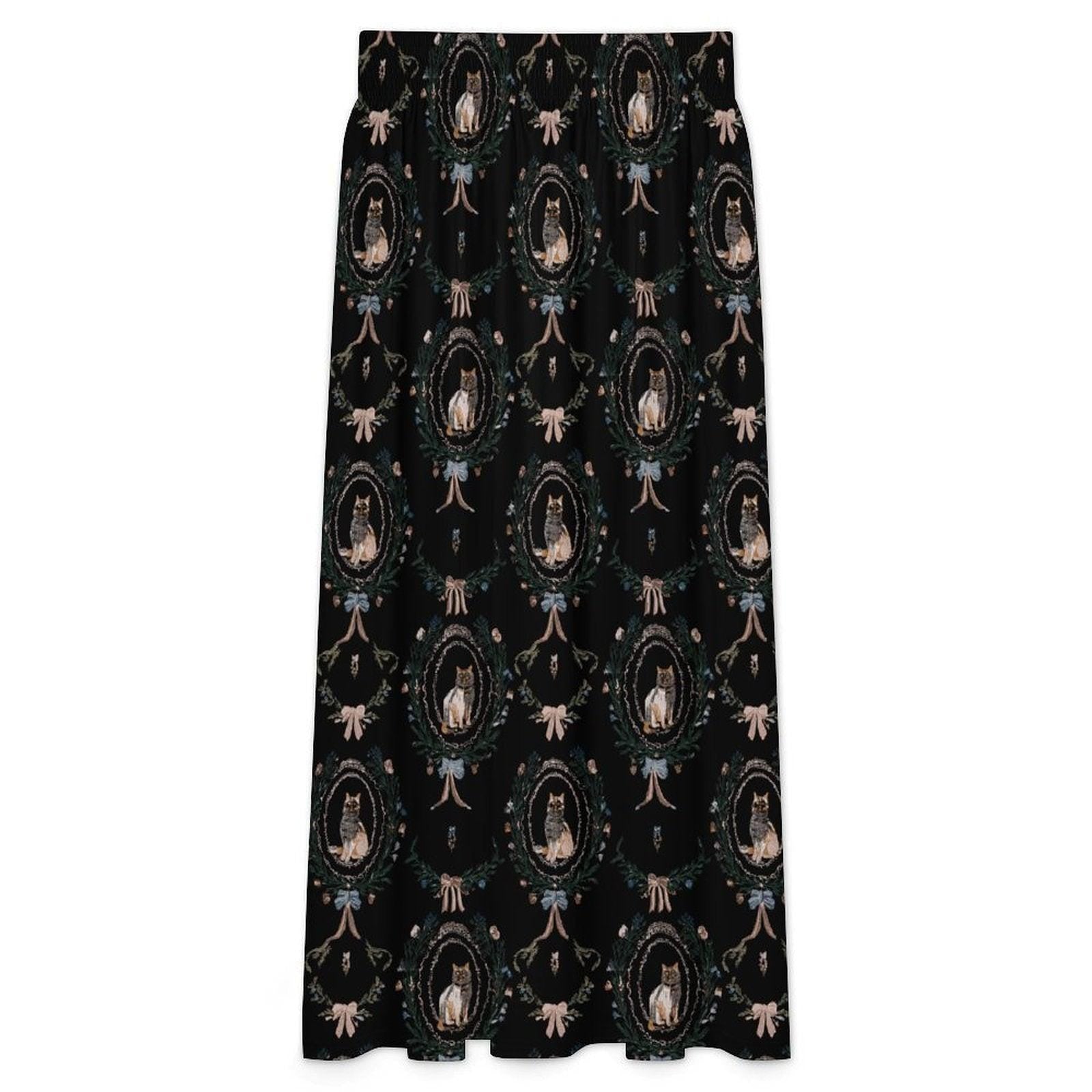 Gothic Cat Maxi Skirt, Black Cat Art Print, Romantic Goth High Waist