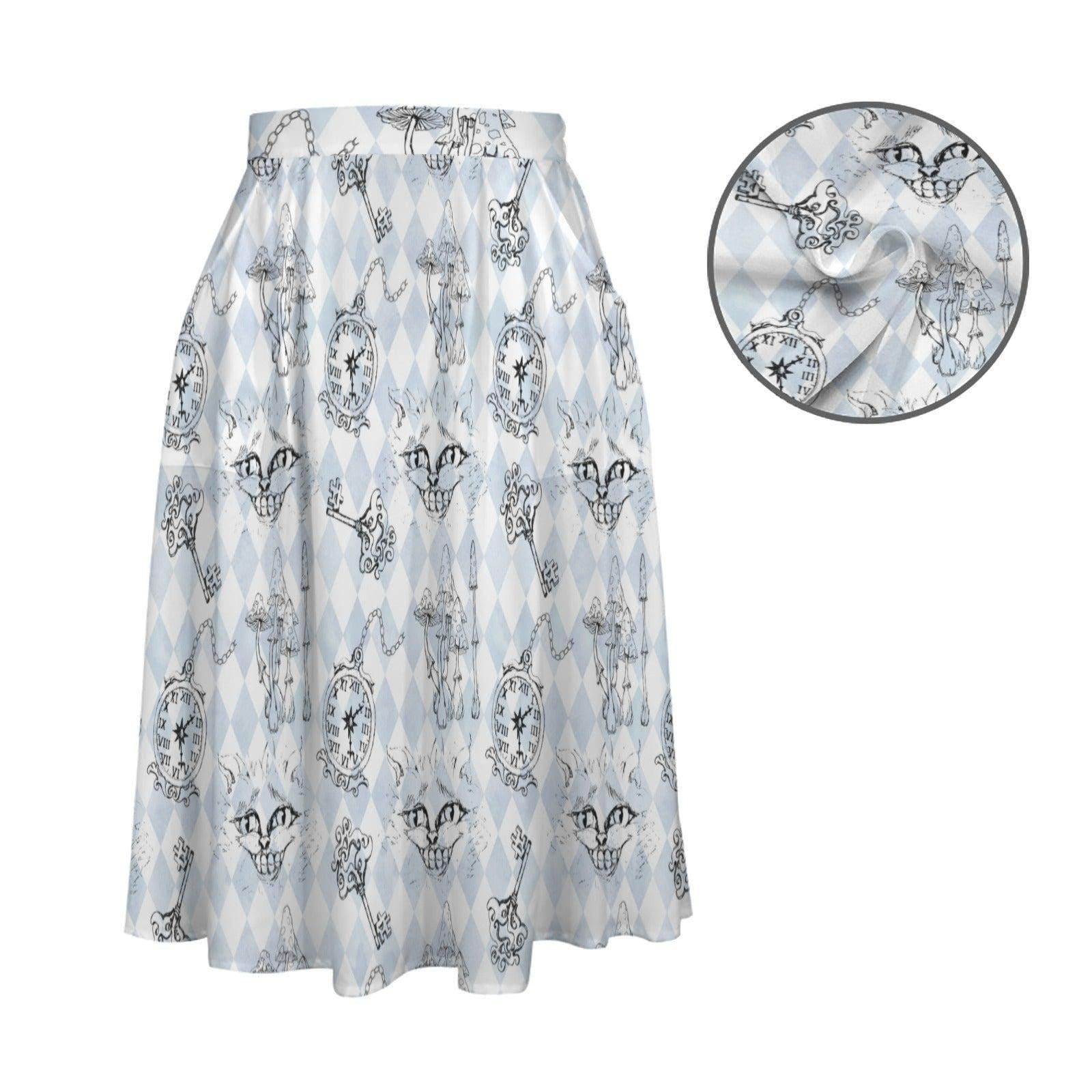 Blue Skull Midi Skirt, Powder Blue Argyle Clock Key Print, High Waist A Line (Pockets)