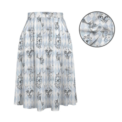 Blue Skull Midi Skirt, Powder Blue Argyle Clock Key Print, High Waist A Line (Pockets)