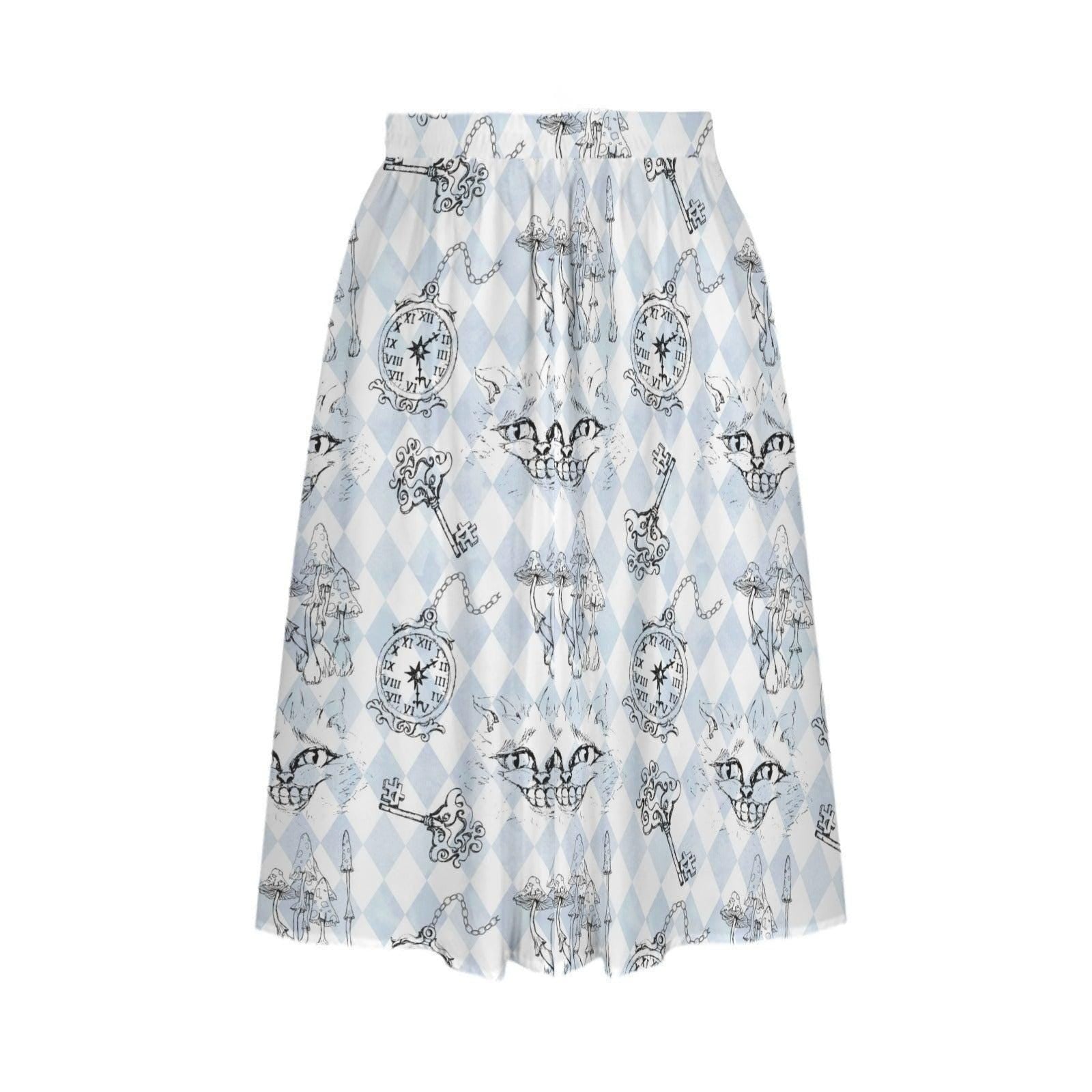 Blue Skull Midi Skirt, Powder Blue Argyle Clock Key Print, High Waist A Line (Pockets)