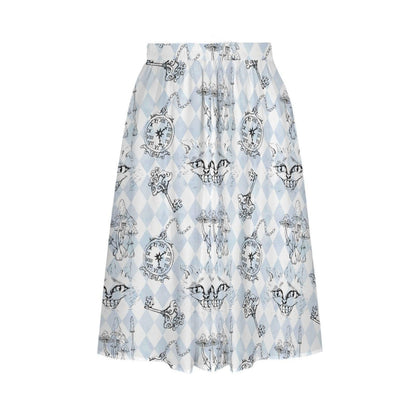 Blue Skull Midi Skirt, Powder Blue Argyle Clock Key Print, High Waist A Line (Pockets)