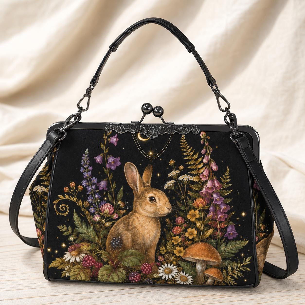 Rabbit and Wildflower Print Frame Purse with Top Handle and Shoulder Strap