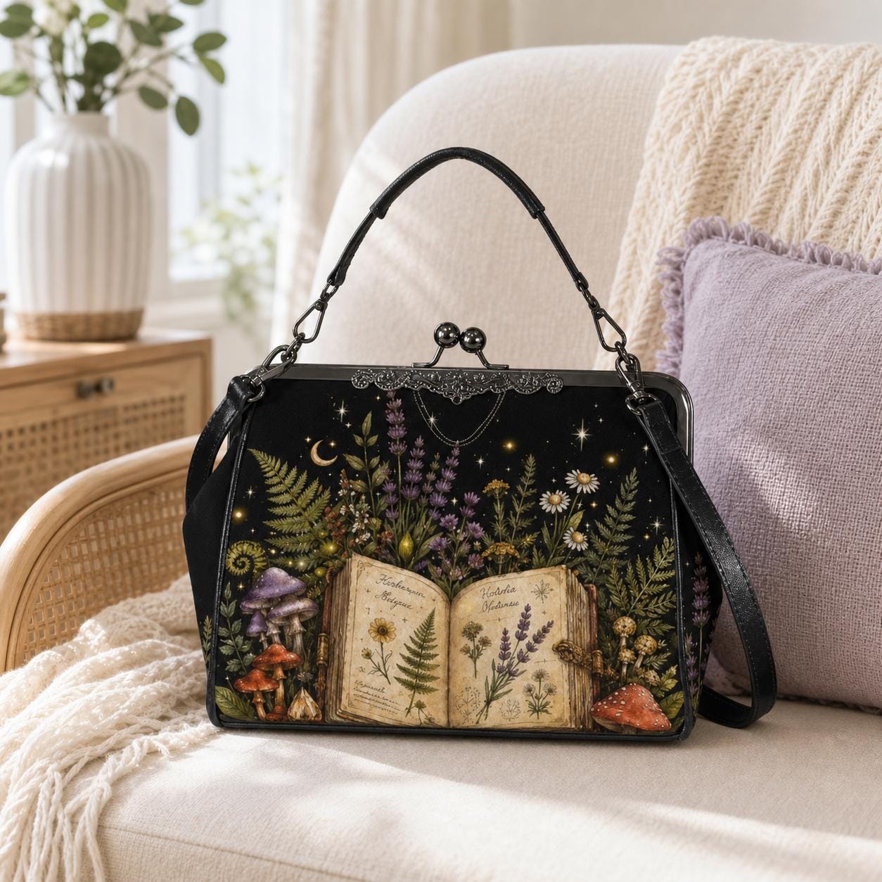 Witchy Mushroom Purse, Botanical Spell Book Print Kiss Lock Handbag, Cottagecore Crossbody Bag