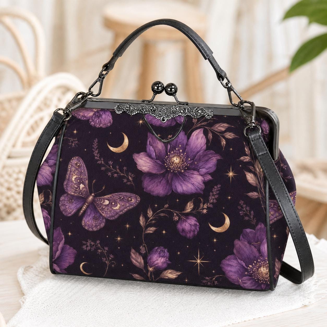 Whimsigoth Purple Moth Moon Floral Kiss Lock Handbag, Celestial Crossbody Bag