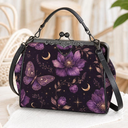 Whimsigoth Purple Moth Moon Floral Kiss Lock Handbag, Celestial Crossbody Bag