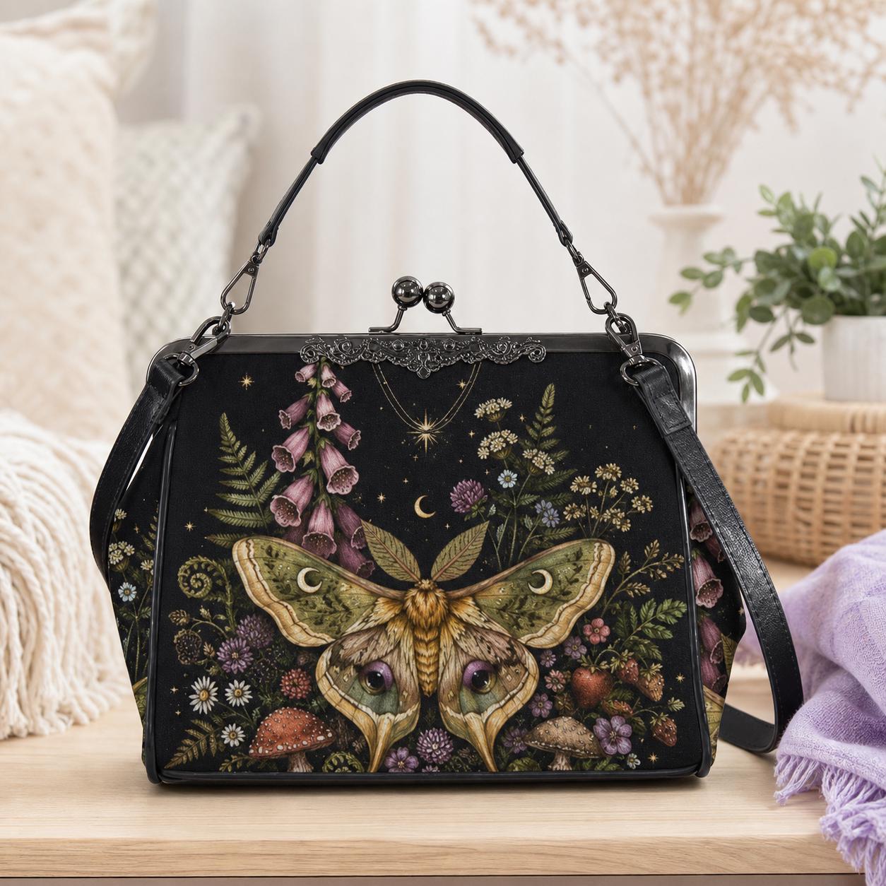 Luna Moth Kiss Lock Handbag, Dark Cottagecore Floral Print Crossbody Bag