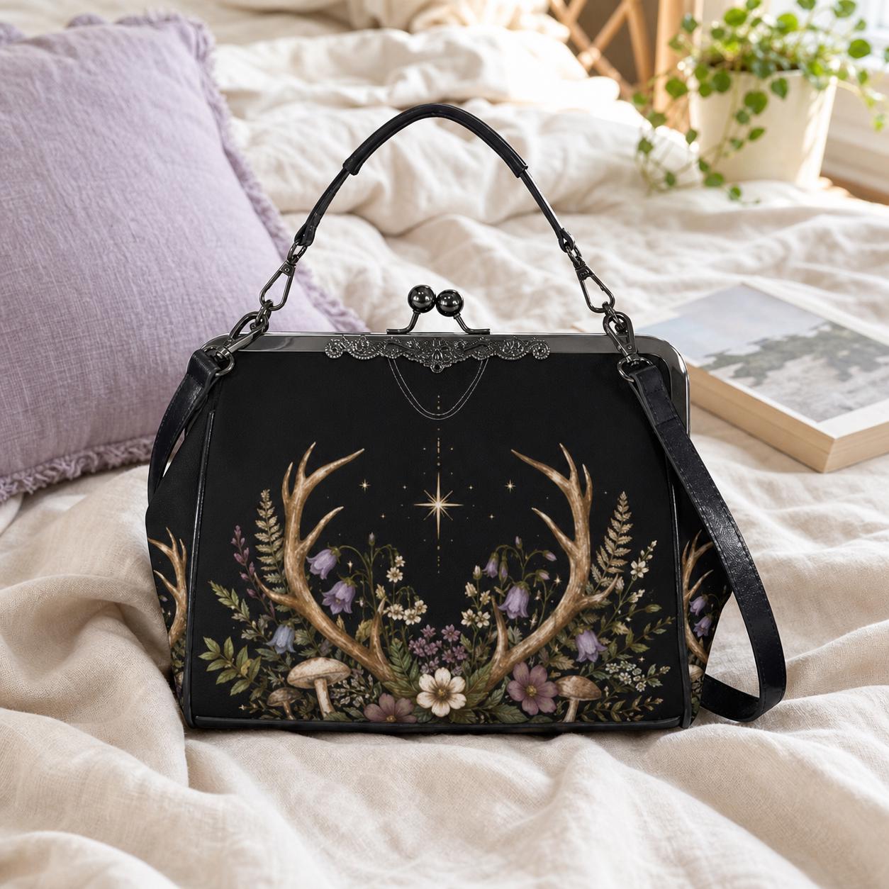 Black Floral Evening Bag, Vintage Kisslock Clutch, Detachable Chain Strap