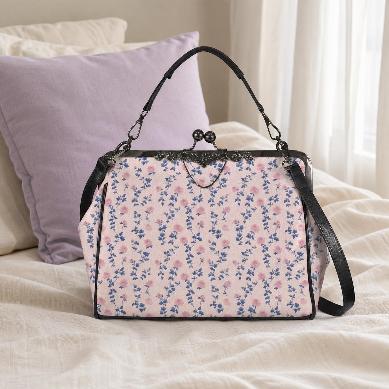 Coquette Floral Crossbody Bag, Pink Blue Ditsy Kiss Lock Purse