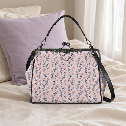 Coquette Floral Crossbody Bag, Pink Blue Ditsy Kiss Lock Purse