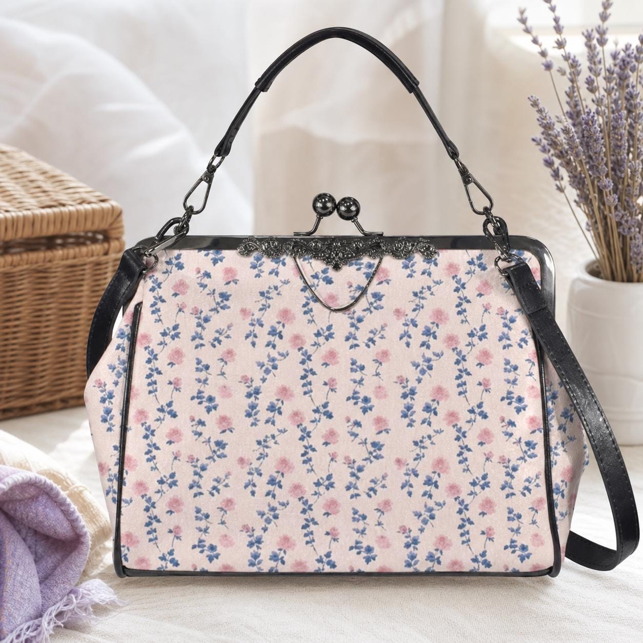 Coquette Floral Crossbody Bag, Pink Blue Ditsy Kiss Lock Purse