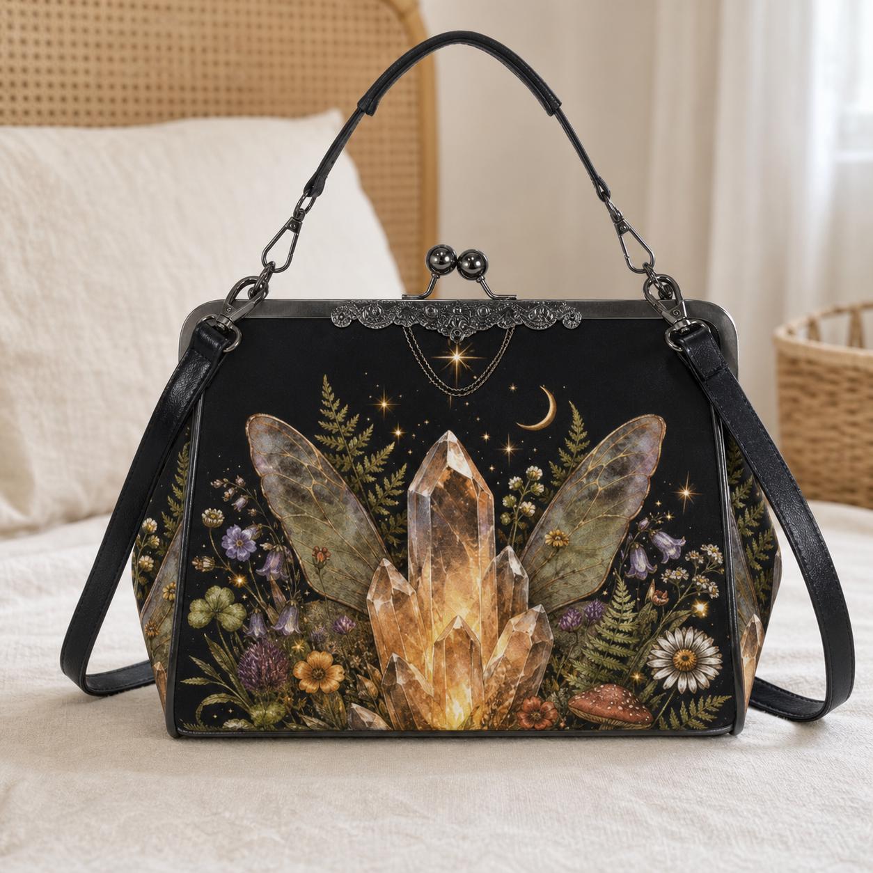 Fairycore Crystal Purse, Gold Quartz Fairy Wing Print Kiss Lock Cottage Witch Crossbody Bag