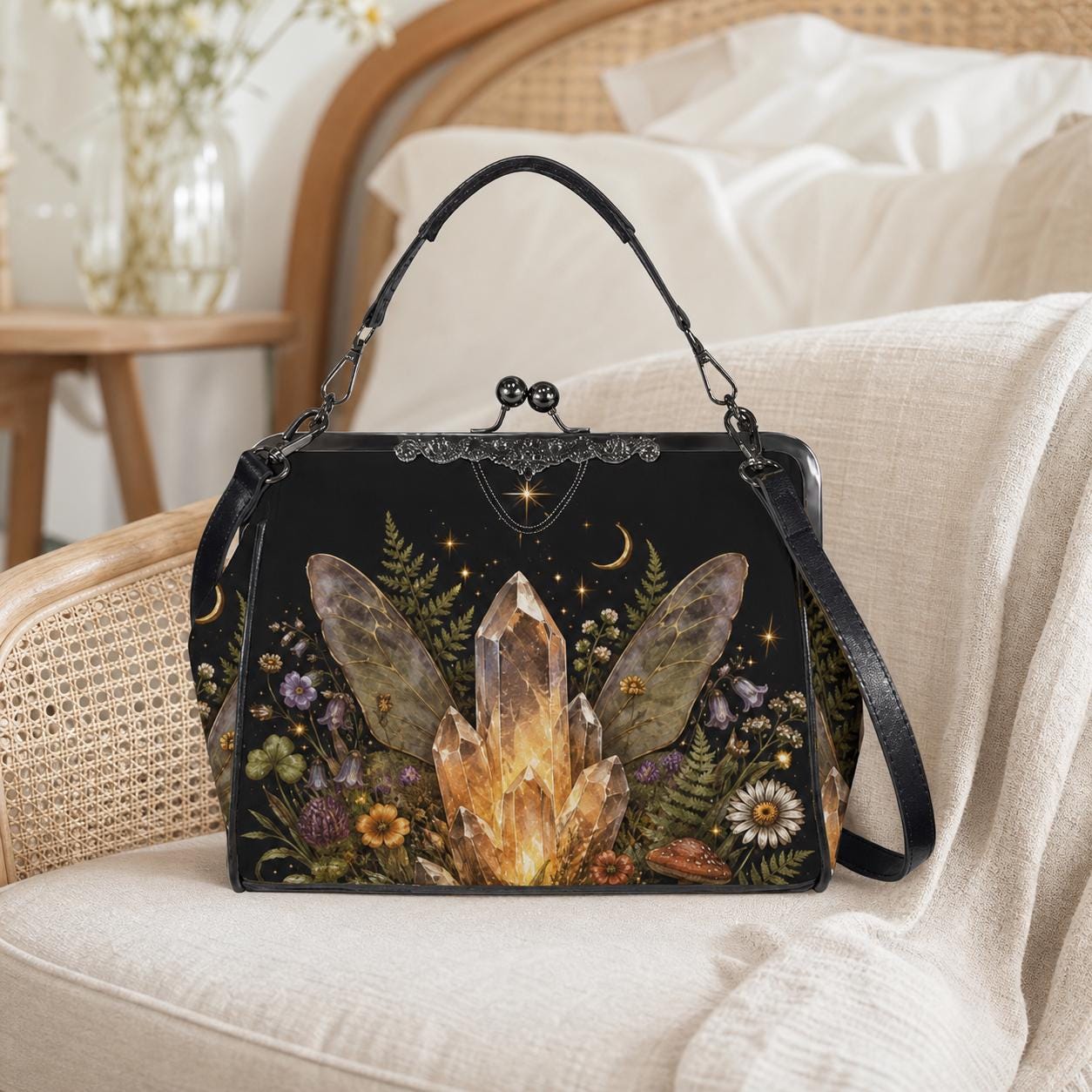 Fairycore Crystal Purse, Gold Quartz Fairy Wing Print Kiss Lock Cottage Witch Crossbody Bag
