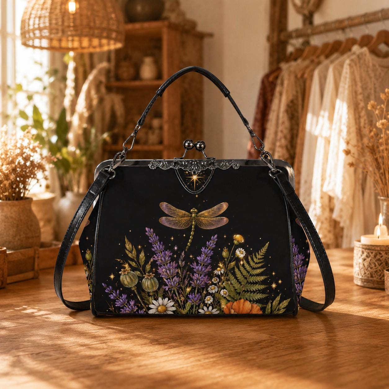 Witchy Dragonfly Kiss Lock Handbag, Botanical Cottagecore Shoulder Bag