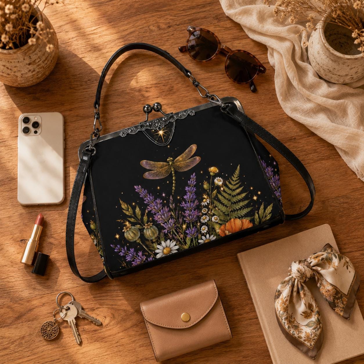 Witchy Dragonfly Kiss Lock Handbag, Botanical Cottagecore Shoulder Bag