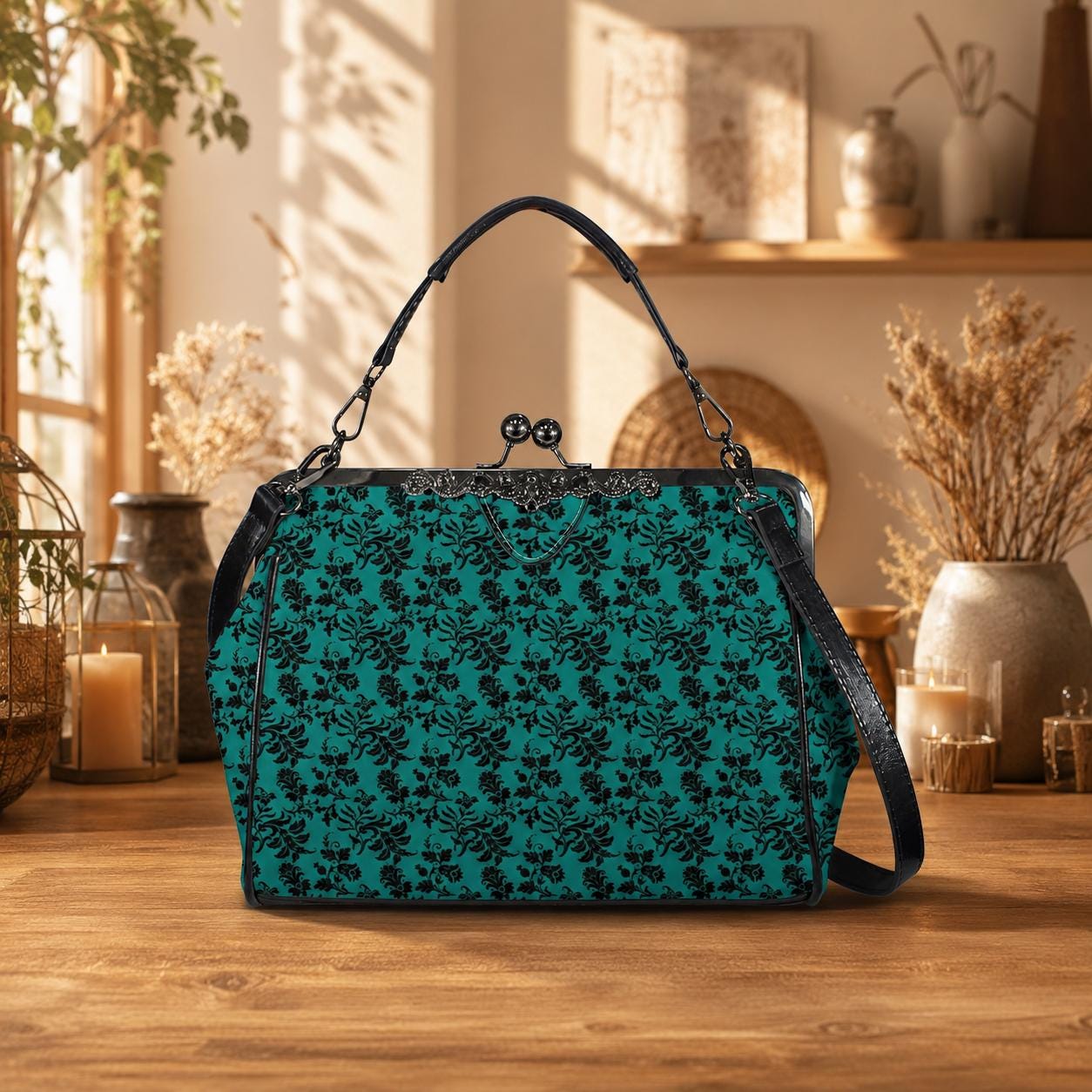 Gothic Teal Damask Kiss Lock Purse, Victorian Frame Handbag, Dark Academia Crossbody Bag