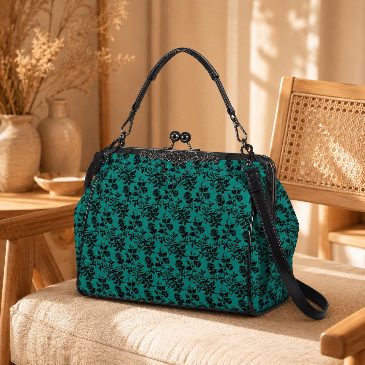 Gothic Teal Damask Kiss Lock Purse, Victorian Frame Handbag, Dark Academia Crossbody Bag