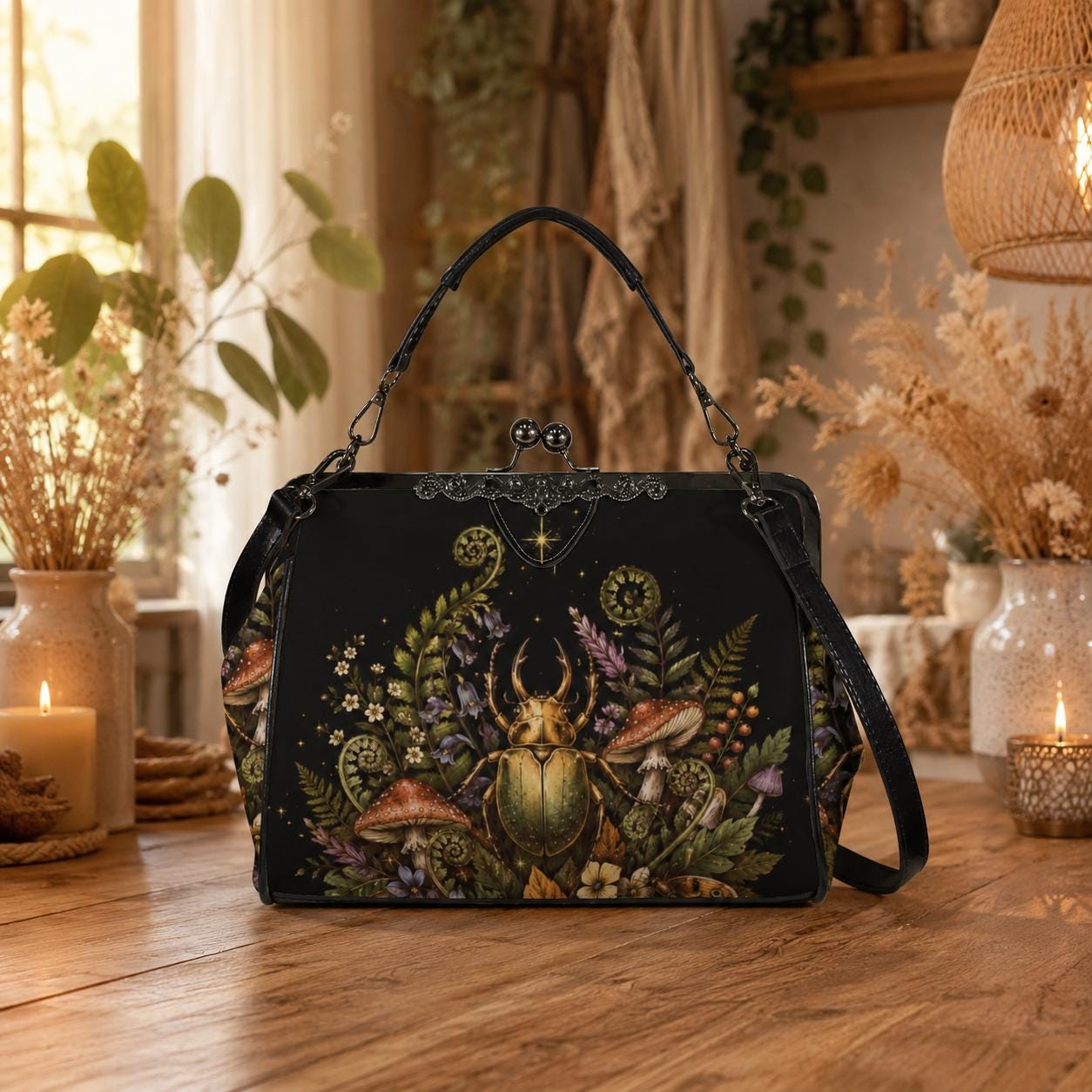 Goblincore Beetle Mushroom Kiss Lock Handbag, Dark Cottagecore Shoulder Bag